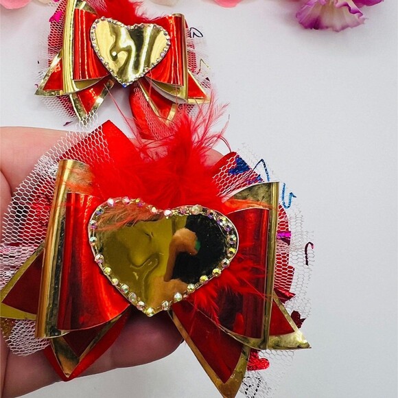 Heart Pigtail Hair Bow Clips Set for Girl Handmade - Picture 1 of 7